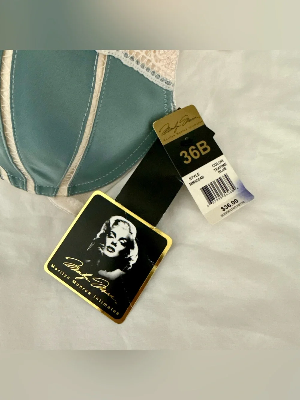 NWT Marilyn Monroe Teal Blue Lace Push Up Bra 36B Retro Boudoir Lingerie